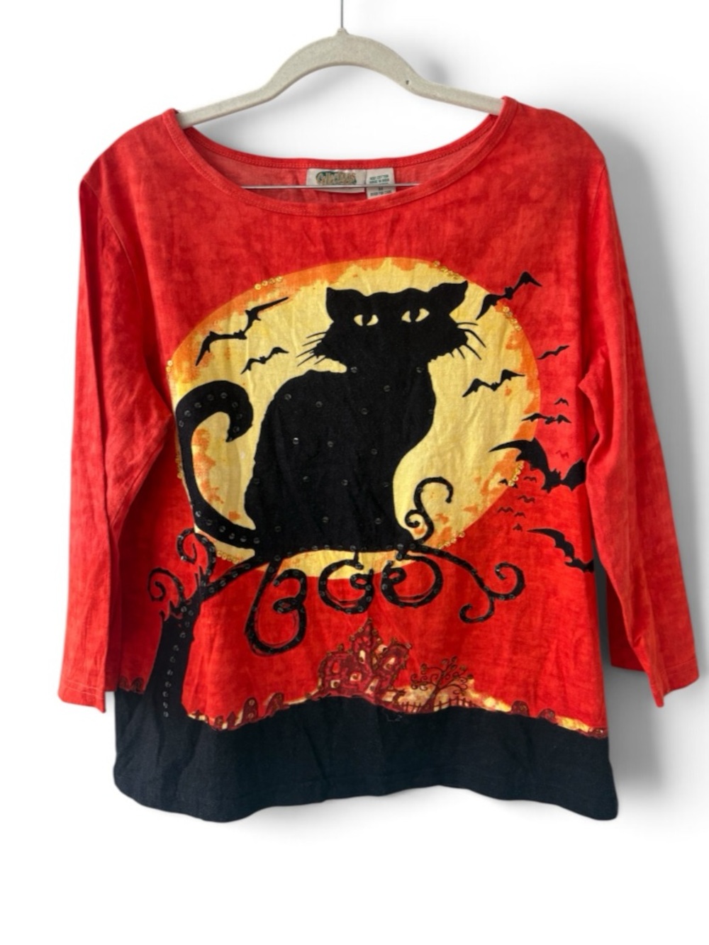 Collections Etc Halloween Black Cat Moon Top 3/4 Sleeve Medium